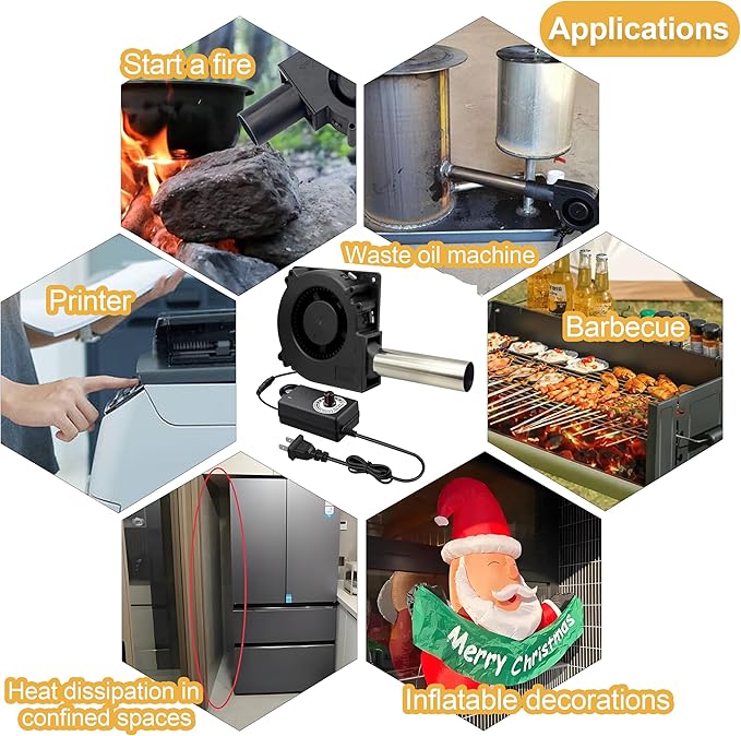 120mm x 32mm BBQ Air Mover Inflatable Small Blower Fireplace Fan, with Metal Duct, AC 100V-240V Variable Speed Centrifugal Fan, for Camping,Waste Oil Furnace, Outdoor Cooking (120x32mm)