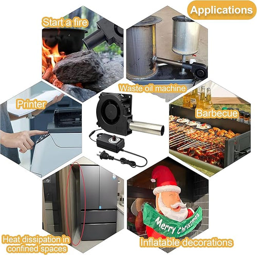 120mm x 32mm BBQ Air Mover Inflatable Small Blower Fireplace Fan, with Metal Duct, AC 100V-240V Variable Speed Centrifugal Fan, for Camping,Waste Oil Furnace, Outdoor Cooking (120x32mm)