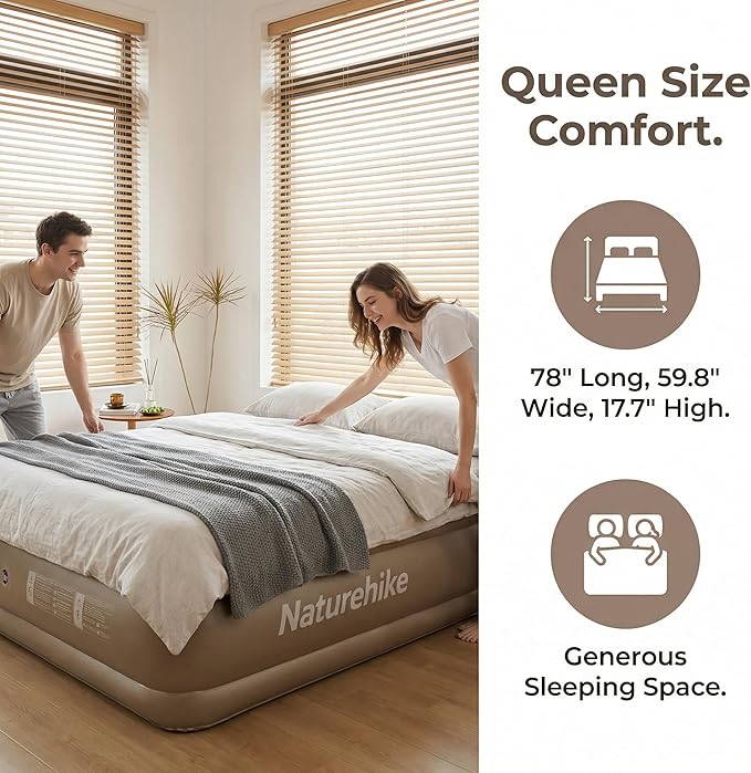 Naturehike Air Mattress Queen with Built in Pump, 17.7" Raise Blow Up Luxury Mattress, Fast 2Mins Portable Colchone Inflable Mattress, Cordless Air Bed for Home & Camping