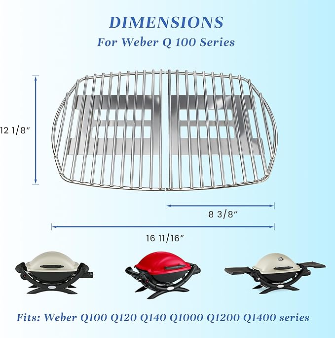 Stainless Steel Cooking Grates for Weber Q100/Q1000 Series, for Q100 Q120 Q140 Q1000 Q1200 Q1400, Replacement BBQ Grill Grate Set (2-Pack) with Grate Clips