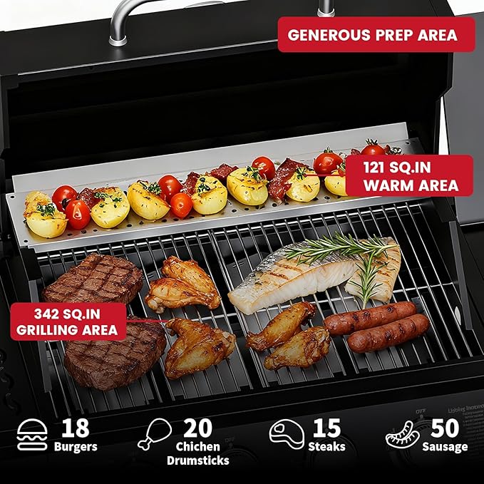 4-Burner Propane Gas BBQ Grill, 40,000 BTU Output Stainless Steel Gas Barbecue Grill with Side Tables & Wheels for Backyard,Camping and Outdoor Cooking (Black)