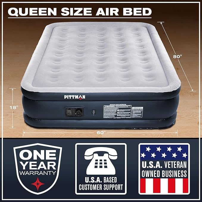 Pittman - Air Mattress Queen with Built in Pump - 18" Queen Air Mattress - Comfort Series Self Inflates & Deflates Fast - Easily Folds Away - Treat Your Guests to a Luxury Air Bed