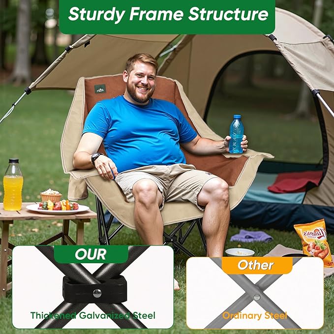 Northroad Folding Camping Chair,Oversized Portable Camping Chair w/Cup Holder,Heavy Duty Padded Lawn Chair for Outdoor, Tailgates, Beach, and Sports, Cream