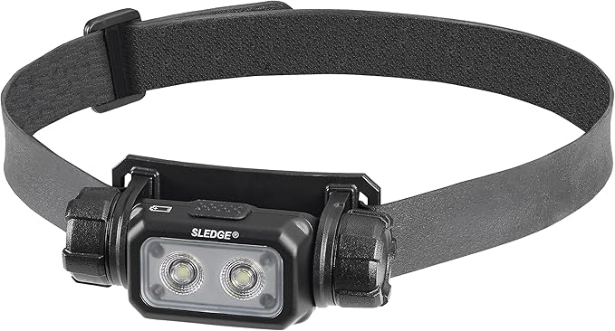 Streamlight 89019 Sledge 1000-Lumen Max 600-Lumen Standard 1800-Candela Rechargeable Low-Profile LED Headlamp with Elastic and Rubber Hard Hat Straps, Black