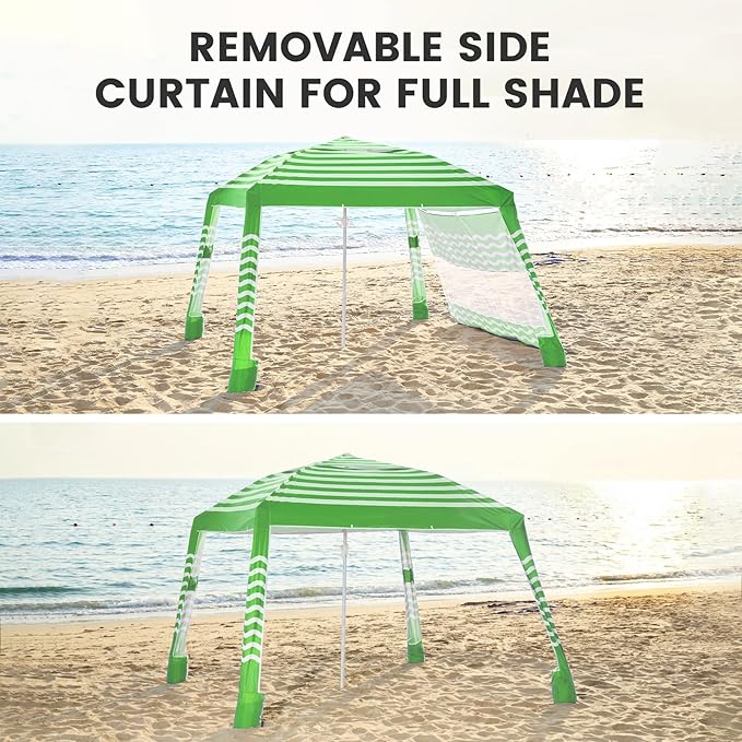Zeraty Beach Cabana 8'×8', Portable Beach Canopy with Side Wall, Easy Pop Up UPF 50+ Silver-Coated Beach Tent Sun Shelter, Wind Resistant Adjustable Height Beach Umbrella Tent for Family, Green