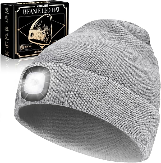 VIBELITE LED Beanie Hat with Light, USB Rechargeable LED Headlamp for Hiking, Camping, Gifts for Men, Dad, Teen Boys, Husband, Women, Boyfriend, Birthday Gifts for Women, Grey