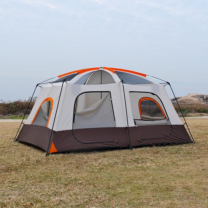 KTT Large Tent 8-10-12 Person,Family Cabin Tents,2 Rooms,2 Doors and 4 Windows with Mesh,Straight Wall,Waterproof,Double Layer,Big Tents for Outdoor,Picnic,Camping,Family Gathering
