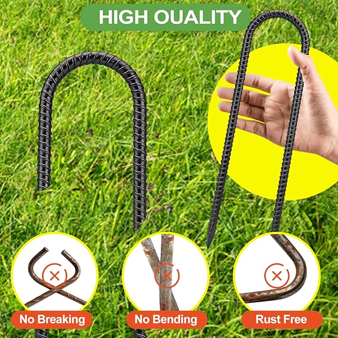 12 Inch 8 Pack Ground Anchors Heavy Duty Rebar Stakes Garden Stakes U Hook Galvanized Steel Ground Stakes Tent Stakes Trampoline Stakes, for Camping Tents Soccer Goals, Black