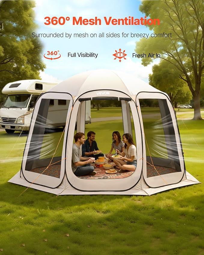 VEVOR 12 x 11 ft Pop up Screen House Tent, 10-12 Person Screen Gazebo w/Carry Bag, Netting Sides & Ground Stakes, Quick Setup, Screened in Canopy for Garden, Patio & Backyard, Outdoor, Beige