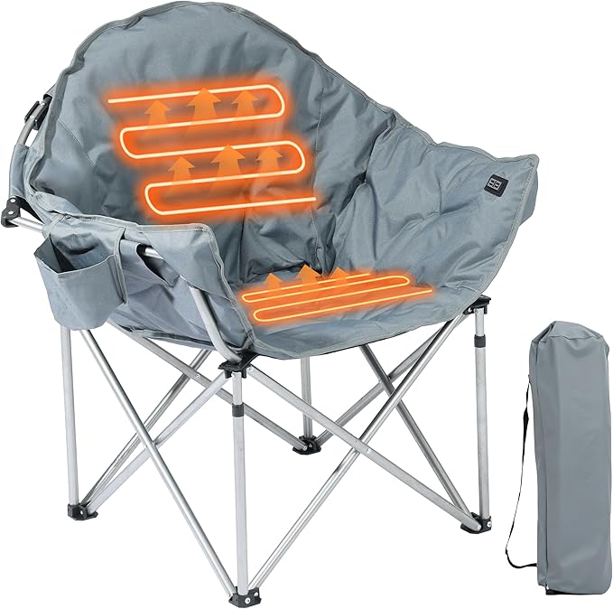 SunSettler Heated Camping Chair, Oversized Heated Outdoor Chairs for Adults with 3 Heat Levels, Portable Folding Padded Chair for Camp, Lawn, Sports (Battery NOT Included) (Grey, Oversized)