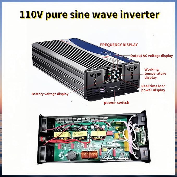 5000W Power Inverter 72V DC to 110V AC Converter with LED Display Dual AC Outlets Dual Fans Radiating for RV, Camp, Boat and Home Emergency Portable Pure Sine Wave Inverter (Smart Screen, 5000W 72V)