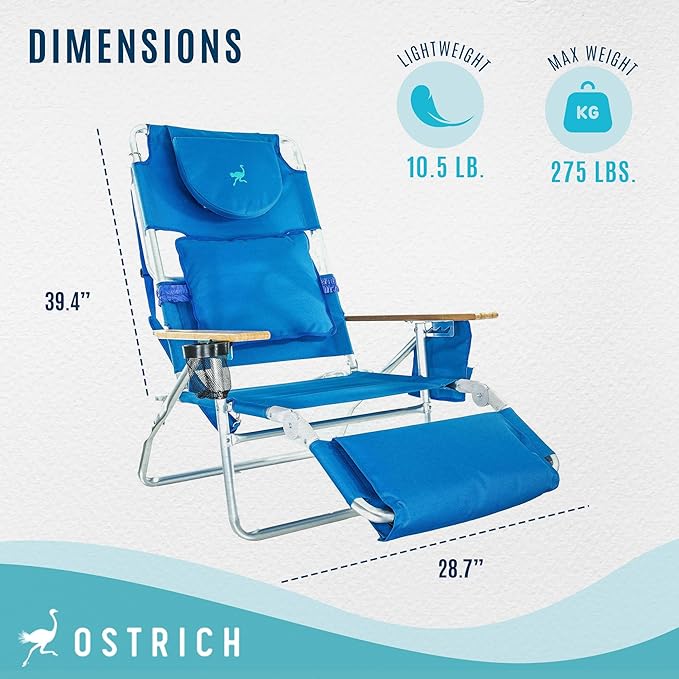 Ostrich Deluxe Padded 3-N-1 Lightweight Portable Adjustable Outdoor Folding Chair for Lawn Beach Lake Camping Lounge with Footrest, Blue (4 Pack)