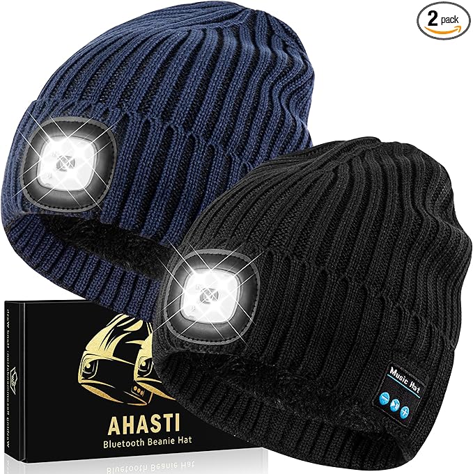 2 Pack Bluetooth Beanie Hat with Light for Men, Rechargeable LED Beanie with Light, Headlamp Cap Wireless Headphones, Christmas Gifts for Teens Stocking Stuffers for Men Dad（Black&Navy）