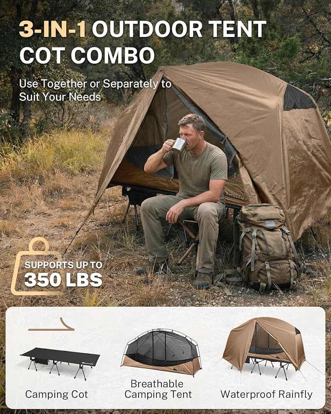 Gonex Camping Tent Cot for Adults, 1-Person Off-Ground Folding Portable Easy Set-up Tent Cot Combo for Hiking, Backpacking, Car & Motorcycle Camping(31.5" W X 78.7" L)-Khaki