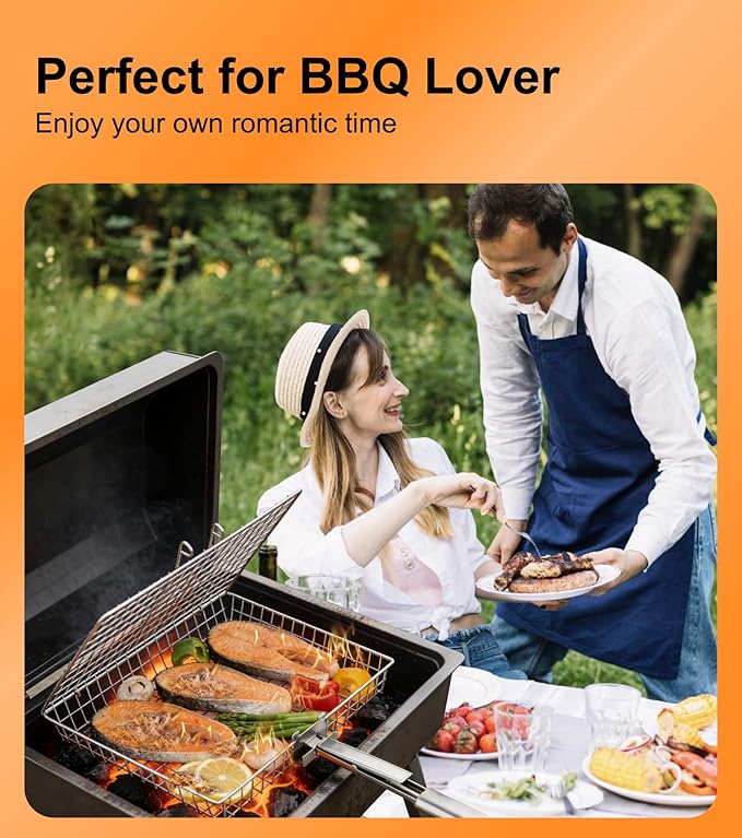 Grill Basket Set for Outdoor Grilling - Large Capacity Fish Grill Basket & Grilling Rack - Food Grade Stainless Steel Portable Flat Basket with Removable Handle for Vegetables, Shrimp & Camping (M+S)
