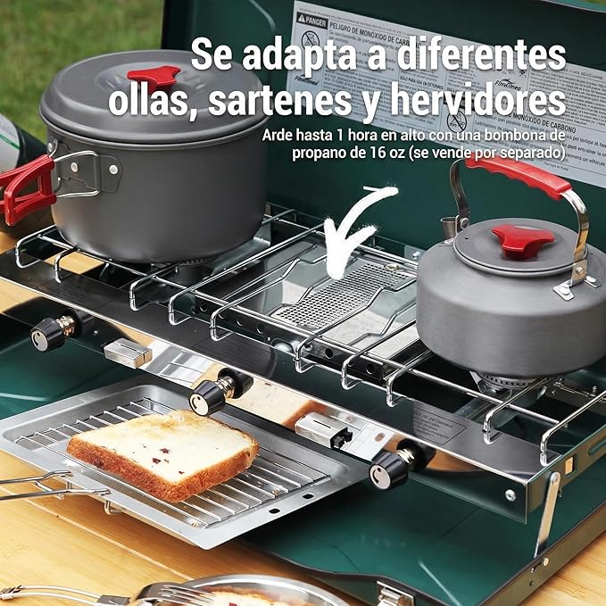 Camping Stove, 3 Burners Propane Portable Camp Stove with Regulator, Push-Button Instant Ignition, Adjustable Burners & Wind Guards for Car BBQ Picnics Outdoor Cooking (GREEN-20400 BTUs)
