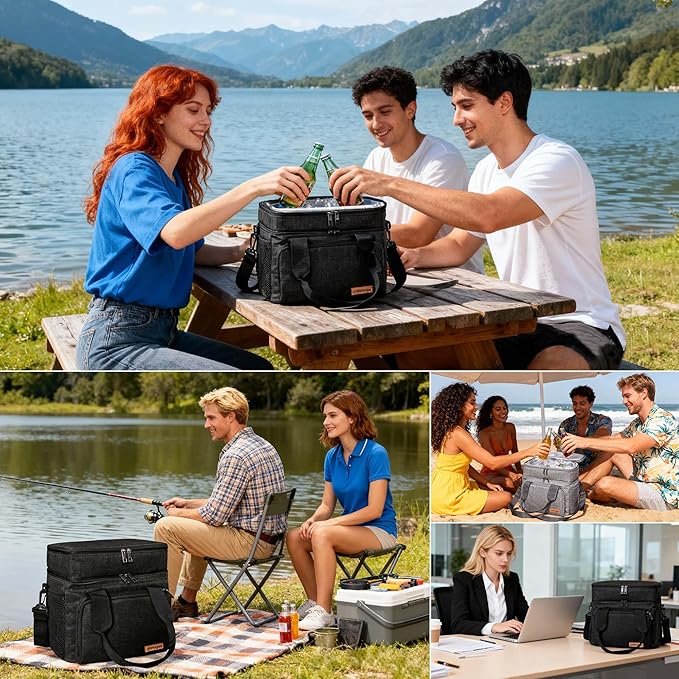 Lunch Bag-Double Deck Insulated Lunch Box for Men Women, Soft Leakproof Thickened Cooler Bag for Work, Picnic, Outdoor, Camping, Travel (Gray，15L)