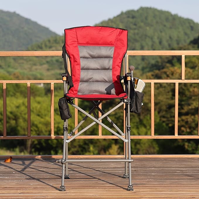 REDCAMP Oversized Tall Camping Chair for Adults, 330lbs Portable High Folding Directors Chair, Foldable Bar Height Stool with Makeup Pocket for Lawn Sport Face Painting, Red