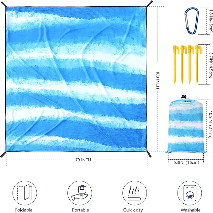Beach Blanket Waterproof Sandproof Beach Mat 79" X 83"/10'x9'for 2-8 Adults Quick Drying Outdoor Picnic Mat Beach Accessories for Travel, Camping, Hiking