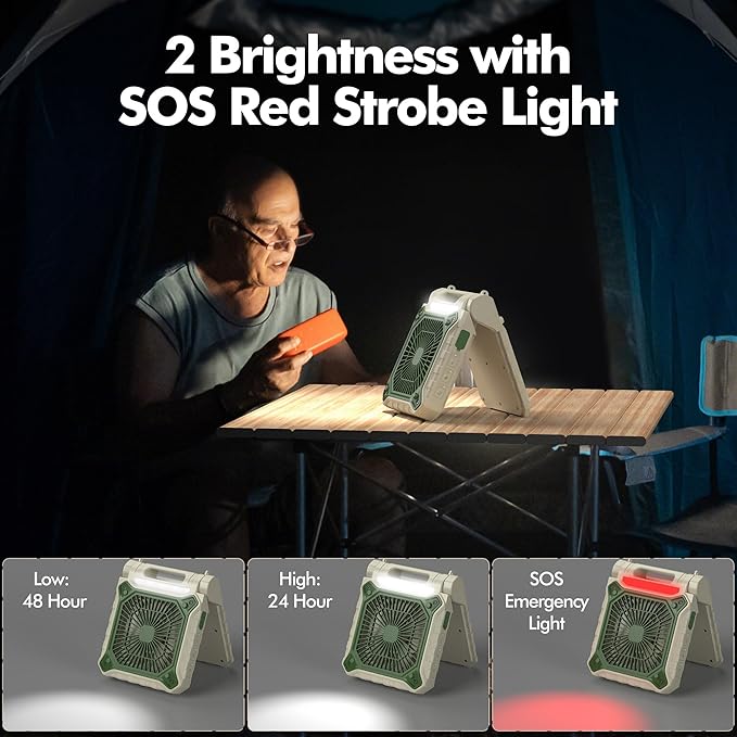 Solar Fan with LED Lantern - Battery Powered with Solar Panel, 90° Adjust, 3 Speed & Timer, 40Hrs Cooling, Rechargeable Battery Operated, Solar Powered for Camping Outdoor Fishing Travel RV Hurricane