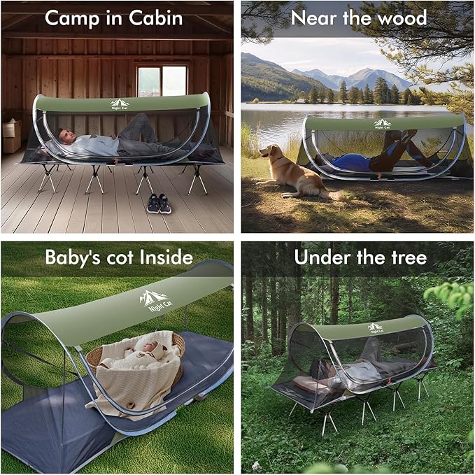 Night Cat Pop-up Mosquito Tent: 1 Person Camping Tent with Bug Screen Net Easy Set-up Tent Fits for Camping Cot (Excluded)