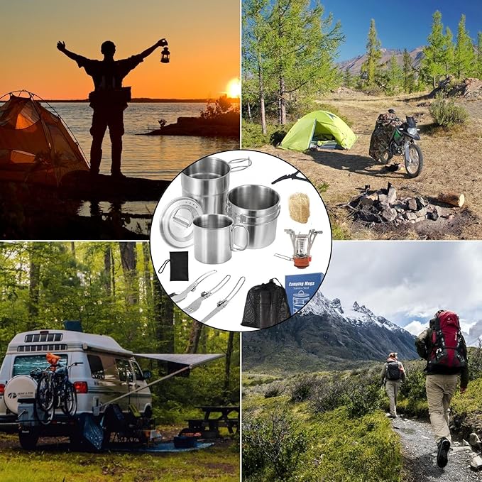 BeGrit Camping Cups Mugs Stainless Steel Camping Pot Food Grade Metal Camping Cookware with Folding Spoon, Vented Lids