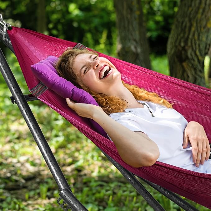Tranquillo Universal Double Hammock with Stand Included for 2 Persons/Foldable Hammock Stand 600 lbs Capacity Portable Case - Inhouse, Outdoor, Camping, Red