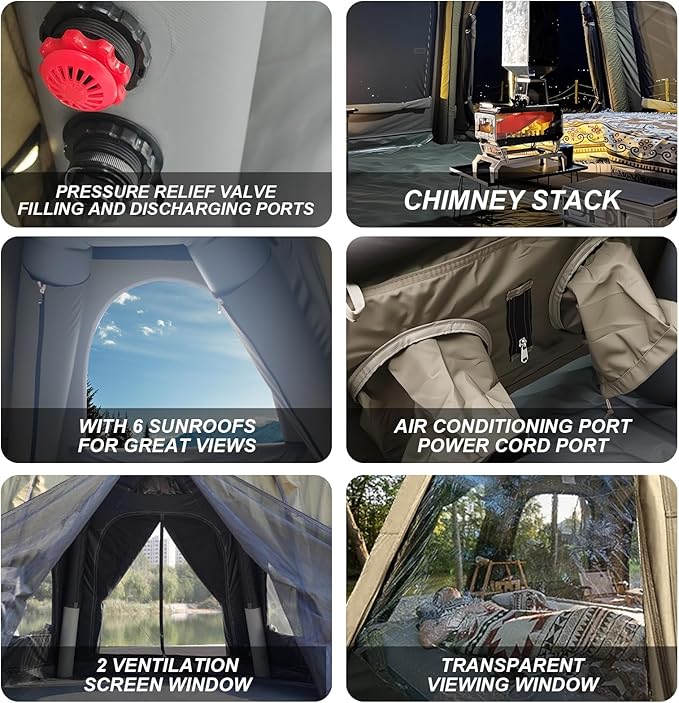 8/10/12 Person Large Inflatable Tents for Camping, 4 Season Blow Up Tents with Canopy/Rainfly, Luxury Inflatable Tent House with Stove Jack, Easy Setup Inflatable Camping Tent.