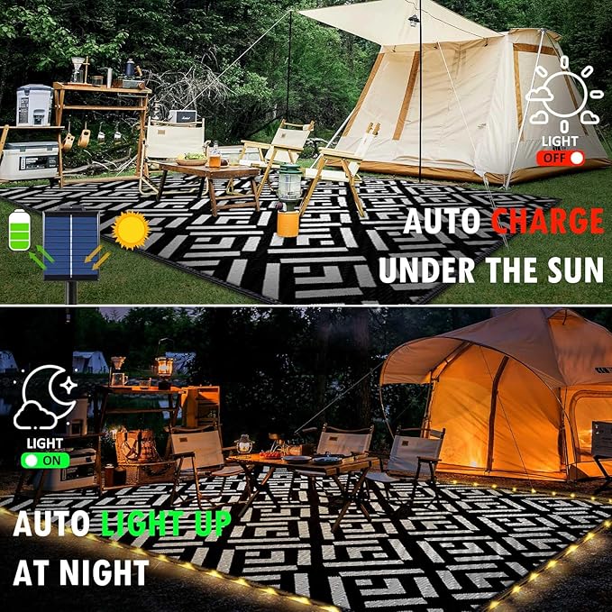 Outdoor Rug 6x9Ft, Solar Powered Outdoor Camping Rug with 94LEDs Strip Lights, Waterproof Plastic Reversible Outdoor Straw Rug, Rug Mat for RV Camping Patio Beach Balcony House Deck Picnic