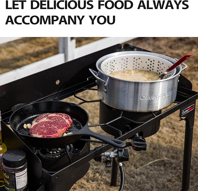 Propane Double Burner for Outdoor Cooking Two Camping Stove with Removable Windscreen and Detachable Legs Stand for Home Brewing, Camping, BBQ