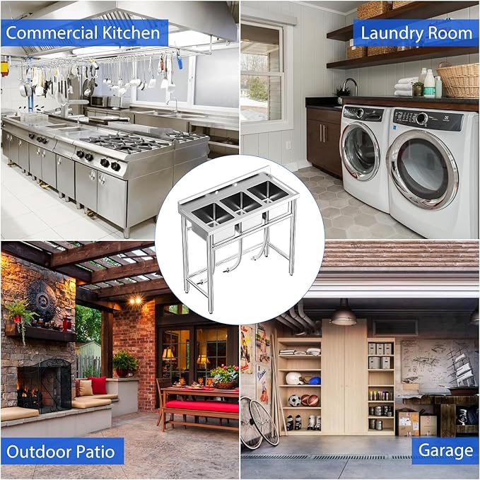 Zstar Stainless Steel Sink, 3-Compartment Freestanding Sink with Hot & Cold Hoses, Commercial Kitchen Utility Sink for Garage, Restaurant, Backyard for Indoor Outdoor (33in)