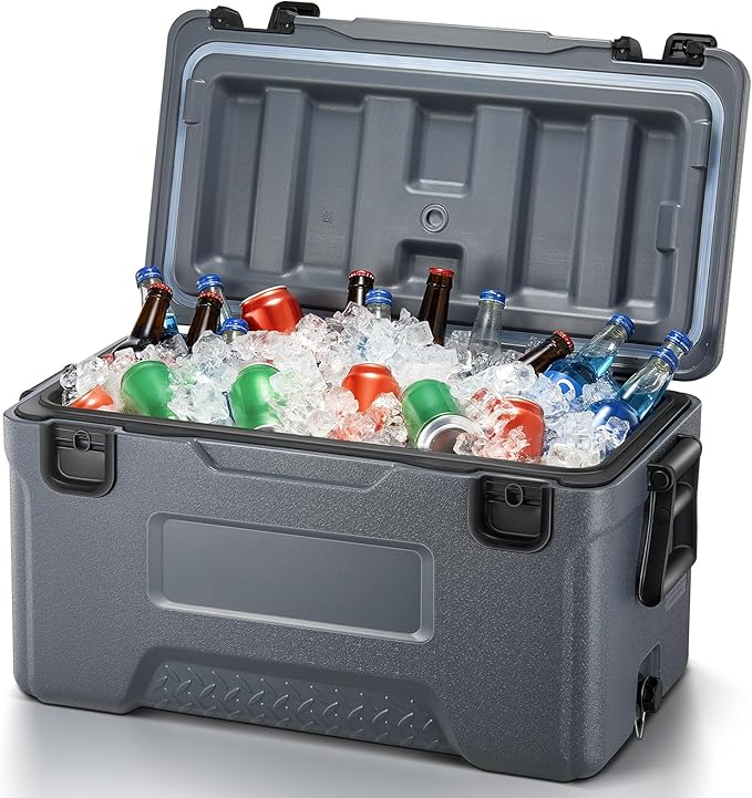 Cooler, Portable Hard Cooler with Dual Latches, Insulated Ice Chest with Swing-up Side Handles, Molded Ruler＆Cup Holders, Coolers Keeps Cool up to 6 Days, Camping Fishing Road Trips Beach, 47.5 QT