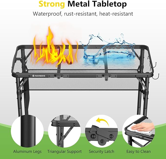 Tri-fold Camping Table, 3 Heights Adjustable Grill Table with Storage Bag, Aluminum Frame Folding Tables, Portable Handle for Outdoor Camping Picnic Cooking BBQ, 35.43"x15.75", Black