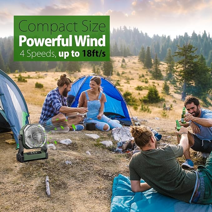 20000mAh Battery Powered Camping Fan, 58Hrs Rechargeable Portable Fan, 400LM Light, 360° Hook, Whisper Quiet Battery Operated Fan for Outdoor Car Travel Hurricane Camping Gear Essentials Power Outages