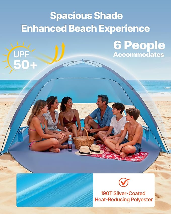 VEVOR Beach Tent Sun Shelter for 6 Person, UPF 50+ Protection, Portable Sun Shade Beach with Carrying Bag & Sand Pockets, Lightweight and Easy Setup Beach Umbrella for Camping Fishing Outdoor Picnic