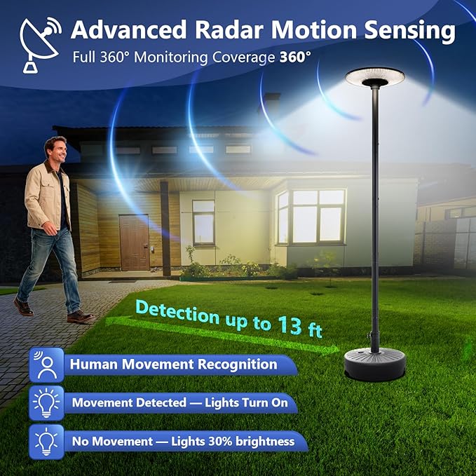 Solar Street Lights Outdoor with Pole, Waterproof Motion Sensor Solar Lamp Posts with Remote Control at 360° omnidirectional for Yard, Camping, Garden, Outside (106.3" Pole with 324 LED)