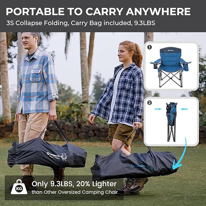 FUNDANGO Oversized Camping Chairs for Adults, Heavy Duty Fold Up Sports Games Lawn Chairs, Extra Wide Big Man Outdoor Chairs with Padded Lumbar Support Backrest, Bag Included for Camp, Outside, Beach