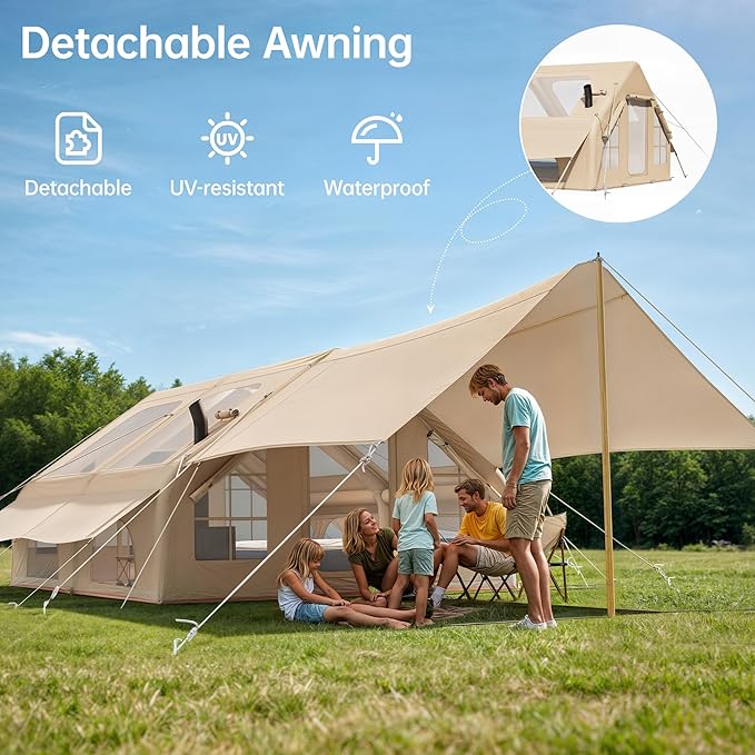Inflatable Camping Tent with Pump & Awning, 14 Person Air Tents for Camping Adult, Large Waterproof Oxford Family Glamping Tent, Quick Setup Big Tent for Outdoor Camping