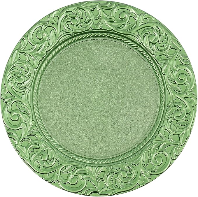 100 Pcs Green Charger Plates Bulk, 13" Antique Round Charger Plates Set, Plastic Embossed Decorative Chargers Floral Dinner Plate for Christmas Wedding Party Event Decor (Green)