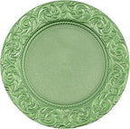 100 Pcs Green Charger Plates Bulk, 13" Antique Round Charger Plates Set, Plastic Embossed Decorative Chargers Floral Dinner Plate for Christmas Wedding Party Event Decor (Green)