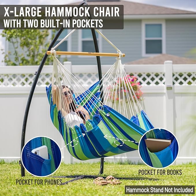 Hammock Chair Hanging Swing Include 2 Cushions and Hardware Kits, Max 330Lbs, XL Hanging Chair for Indoor Outdoor Patio Yard - Blue & Green Stripe