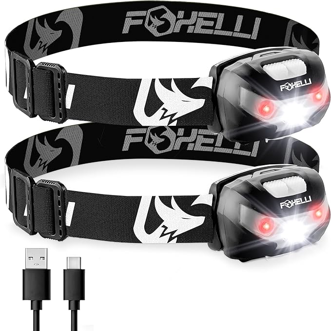 Foxelli USB-C Rechargeable LED Headlamp – Super Bright, Lightweight Head Lamp for Running, Camping, Hiking & Work – Comfortable Fit for Adults & Kids