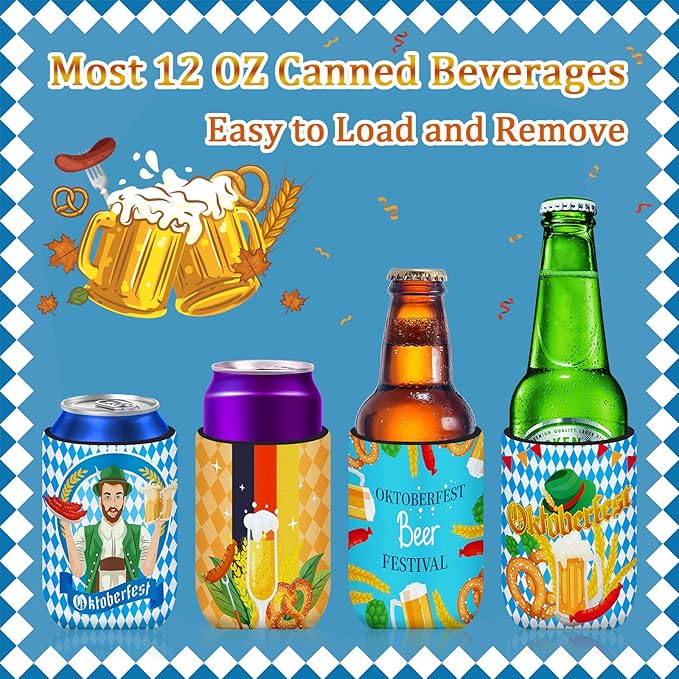 Oktoberfest Can Cooler Sleeves, 18pcs Oktoberfest 12 oz Cold Drinks Bavarian Style Beer Drink Can Bottle Cooler Sleeves for Oktoberfest Party Favors Decorations Supplies