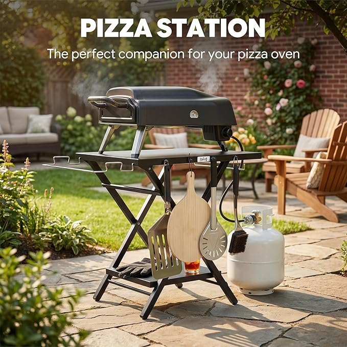 Folding Grill Table, Pizza Oven Table & Portable Table with Bottom Shelf, Tool Hooks, Trash Bag Holder & Paper Towel Rack, Grill Stand for Pizza Oven & Tabletop Griddle, BBQ & Tailgating, Black