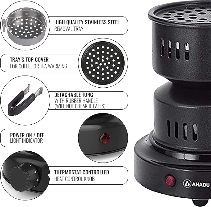 AHADU Premium Electric Charcoal Burner Coconut Coal Starter Hibachi Smart Overheating Control. Instant Coal Disk Tablet Fire Starter. Perfect Stove for Outdoor camping BBQ -Comes with Free Tong/Handle