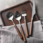 Dishwasher Saf,32 Piece Silverware Set for 8 with Wooden Handles, 18/8 Stainless Steel, Suitable for VIP Gatherings, Camping Adventures