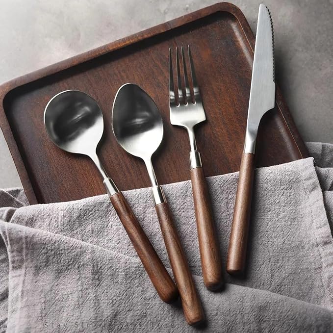 Dishwasher Safe,Silverware Set for 2 with Wooden Handles, 18/8 Stainless Steel, Suitable for VIP Gatherings, Camping Adventures