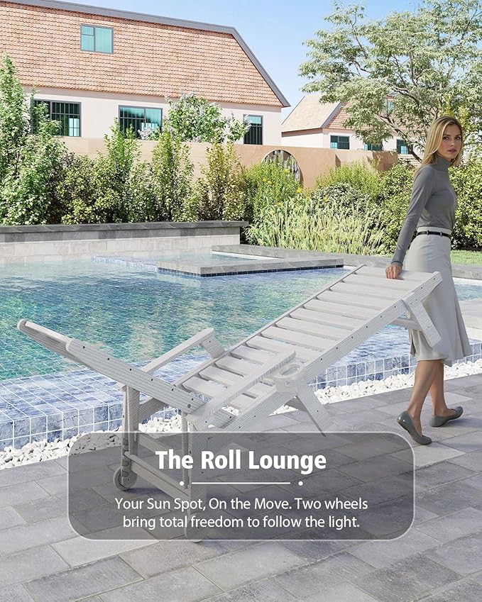 Domi Outdoor Lounge Chairs Set of 2, HDPE Pool Chaise Lounge Chairs for Poolside, Pool Loungers for Outside, Patio, Sunbathing Tanning, White