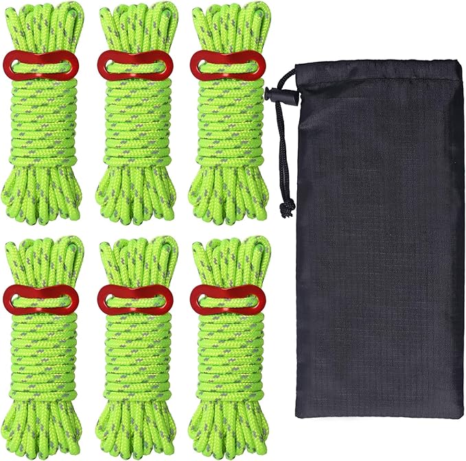 Hikeman 6 Pack 4mm Outdoor Guy Lines Tent Cords Lightweight Camping Rope with Aluminum Guylines Adjuster Tensioner Pouch for Tent Tarp, Canopy Shelter, Camping, Hiking, Backpacking