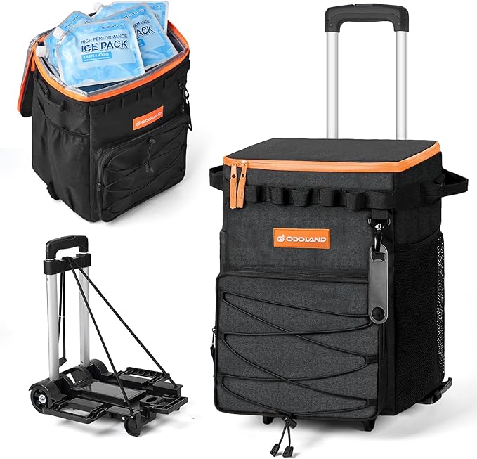 Odoland 48/72 Can Rolling Cooler Bag with Wheels & Handle, Collapsible Insulated Ice Chest for Beach, Camping & Tailgating - Portable Travel Soft Cooler on Wheels, Collapses for Easy Storage